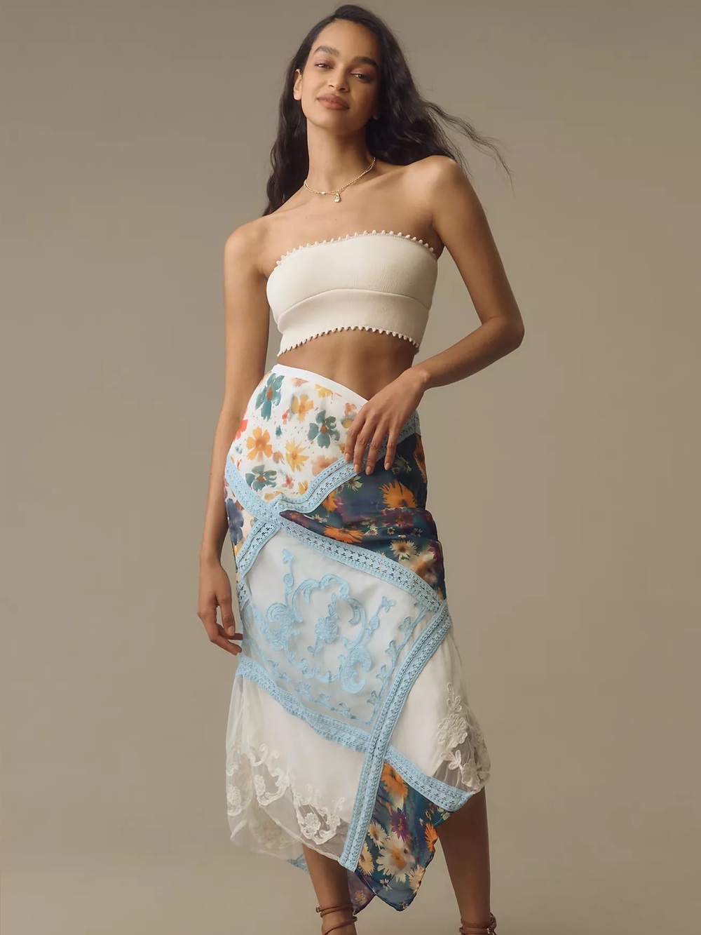 ANTHROPOLOGIE Italian Summer Patchwork Scarf Floral Lace High Waisted Midi Skirt - Picture 4 of 10